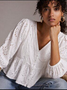 French Connection Broderie Anglaise Puff Sleeve Peplum Top in Summer White